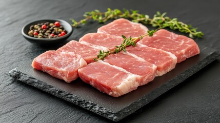 Slicing Fresh Pork Cuts Black Marble Surface Professional Food Photography Culinary Studio Close-up Meat Display