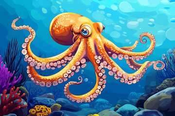 A vibrant cartoon octopus swimming in a colorful underwater scene.