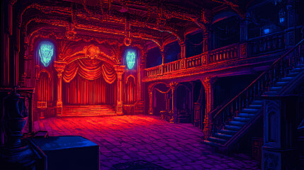 Interior of a haunted dark spooky opera house. pixel art computer game fantasy illustration. Phantom. Illustration