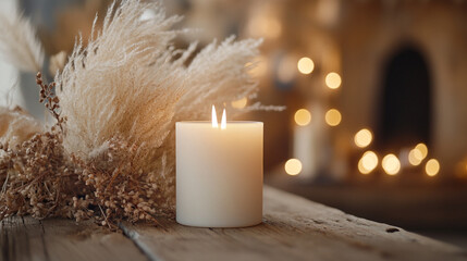 Cozy candlelight with dried flowers on wooden table in warm ambient setting