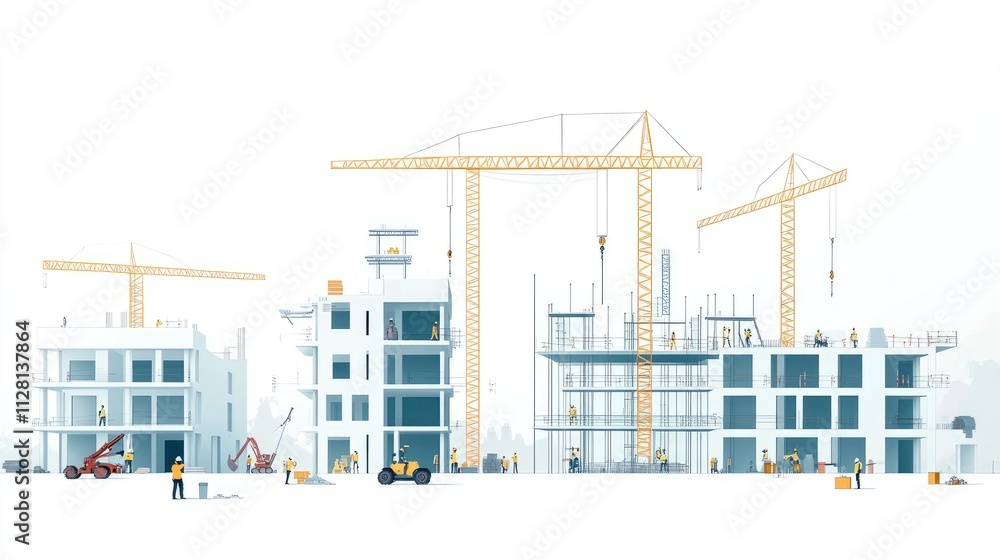 Poster a modern building under construction with cranes, scaffolding, and construction workers, set against