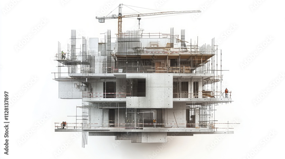 Poster a modern building under construction with cranes, scaffolding, and construction workers, set against