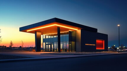 A modern bank building with sleek architecture, featuring a bright illuminated sign at night, creating a professional and contemporary atmosphere