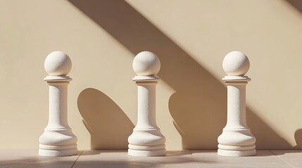 Fototapeta premium Dramatic Shadows Cast by Minimal White Chess Pieces Studio Setting Artistic Photography Minimalist Environment Close-Up View Conceptual Art