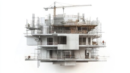 A modern building under construction with cranes, scaffolding, and construction workers, set against a clean white background for emphasis on development