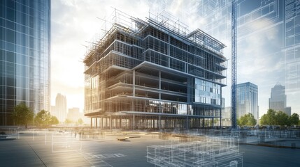 A modern office building in progress, with blueprints, diagrams, and architectural plans layered over the construction site, showcasing a downtown project