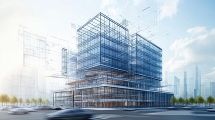 A modern office building in progress, with blueprints, diagrams, and architectural plans layered over the construction site, showcasing a downtown project