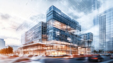 A modern office building under construction in downtown, overlaid with blueprints and diagrams, visualizing a future urban development project