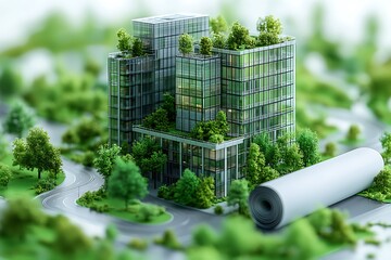 Green energy plant with towering skyscrapers and urban skyline