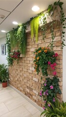 Rustic Brick Wall Decoration with Vibrant Flowers and Green Plants for Wallpaper and Interior Design