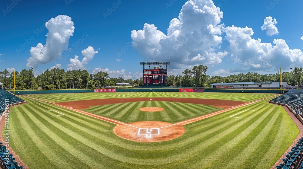 Poster a panoramic shot of an empty baseball stadium, showcasing a well-maintained field and large scoreboa