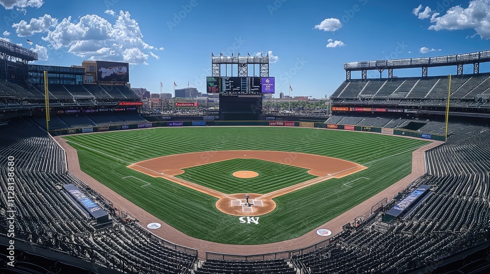 Poster a panoramic shot of an empty baseball stadium, showcasing a well-maintained field and large scoreboa