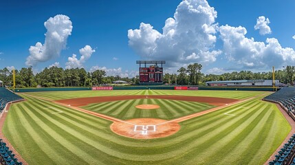Fototapeta premium A panoramic shot of an empty baseball stadium, showcasing a well-maintained field and large scoreboard, evoking a sense of anticipation and calm