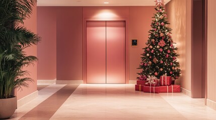 Modern Elevator doors of office or hotel hallway,holiday season decor with christmas tree,Lobby interior, corridor in house with lift,Black elegant lift for passenger or cargo elevators,copy space.