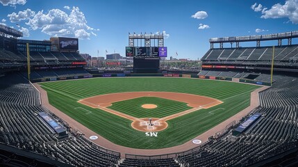 Fototapeta premium A panoramic shot of an empty baseball stadium, showcasing a well-maintained field and large scoreboard, evoking a sense of anticipation and calm