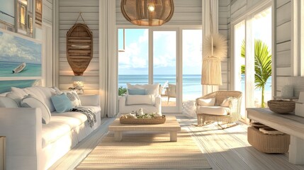 A photorealistic 3D render of a coastal style living room with breezy, beach-inspired decor, light wood furniture, and soft, natural light flowing in