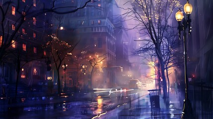 Naklejka premium A quiet city street at night, with a light mist in the air and the streetlights casting a soft, ethereal glow