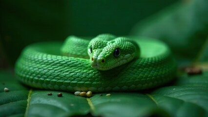 Fototapeta premium A coiled green snake against a green natural background. Symbol of New Year according the Eastern calendar. Fear and snakephobia concept. A dangerous reptile. Poisonous animal