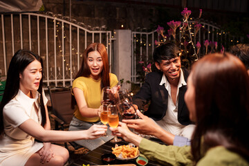 Throw a party Celebrate whiskey at a friendly party in a restaurant. Night.