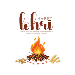 Happy Lohri Festival Card with Bonfire   nuts and sesame seeds, colorful decorations, and space for event details. A festive and traditional design for celebrations.