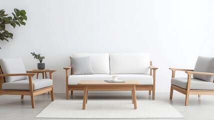Serene Minimalist Scandinavian Living Room with Natural Wood Furniture and Soft Textures