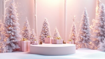 Christmas tree with white snowdrift,snowflakes,snow land,podium with bauble,Christmas theme stage podium mock up for product placement,Happy New Year. Celebrate party,Xmas Poster,web banner,festive.