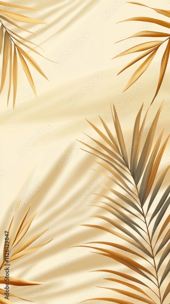Poster Shadows of palm leaves gracefully intertwine across a soft beige surface, casting intricate patterns as the afternoon sun creates a harmonious and tranquil atmosphere, inviting relaxation
