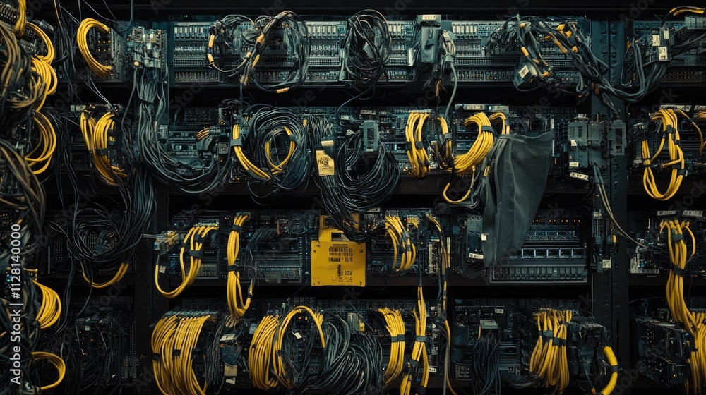 Poster A rack of computer switches and neatly organized network cables in a data center, representing a high-tech IT environment