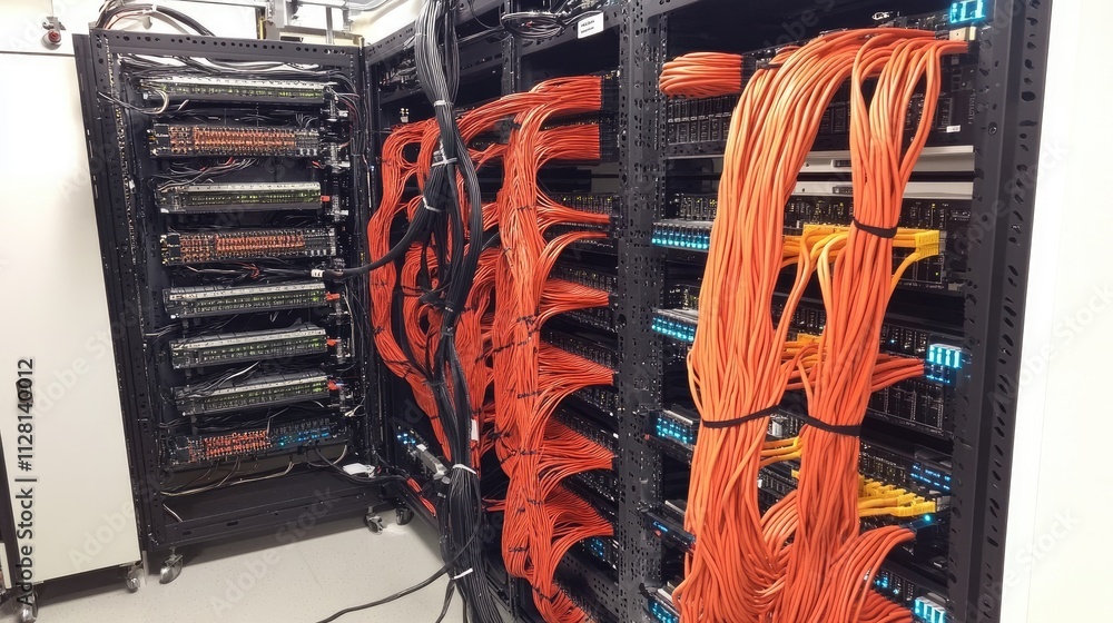 Aufkleber A rack of computer switches and neatly organized network cables in a data center, representing a high-tech IT environment