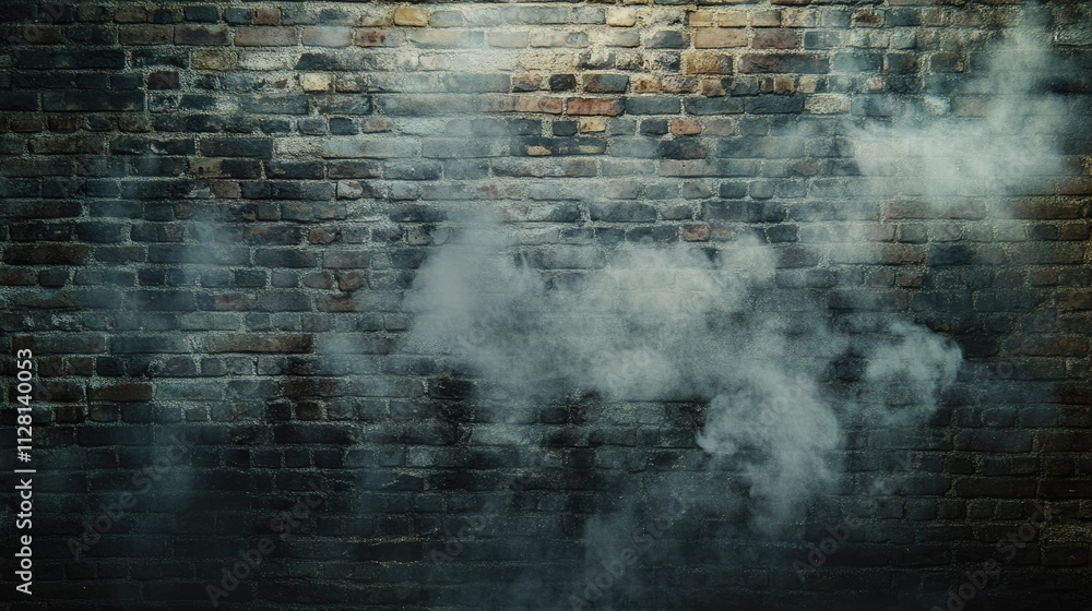 Poster a raw and atmospheric image featuring smoke drifting in front of an old, distressed brick wall, crea