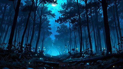 illustration of night in the forest with blue light