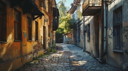 Fototapeta premium A quiet alleyway in an old town, with cobblestones and overhanging balconies