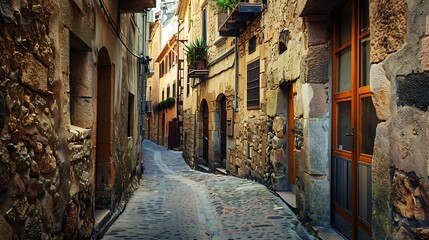 Obraz premium A quiet alleyway in an old town, with cobblestones and overhanging balconies