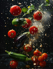 Floating Spanish Vegetables in Dark Food Photography, Close Up View