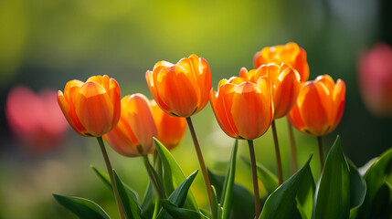 Bright orange tulips bloom under soft sunlight in a vibrant garden setting