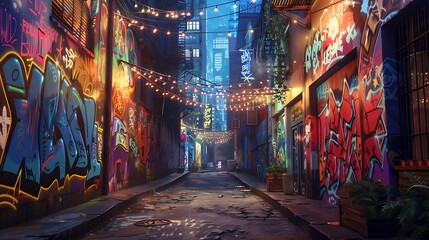 Obraz premium A quiet city alley with colorful graffiti on the walls, illuminated by the soft glow of string lights