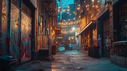 Fototapeta premium A quiet city alley with colorful graffiti on the walls, illuminated by the soft glow of string lights