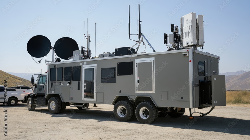 Poster A secure mobile command post with advanced communication antennas and equipment, used in field operations for high-stakes missions or emergency response