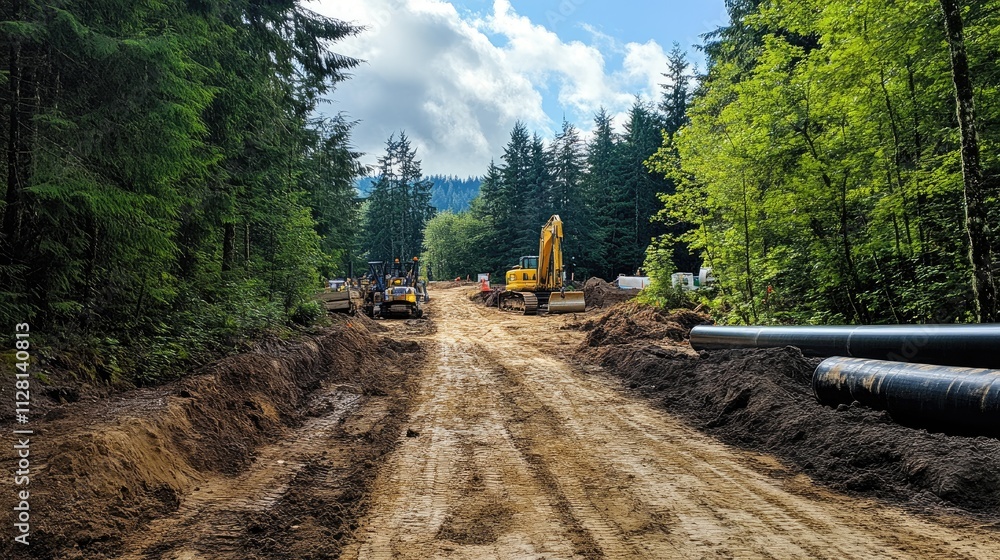 Poster A section of newly installed pipeline in a forest, with construction equipment in the background and trees lining the path, showcasing infrastructure development in nature
