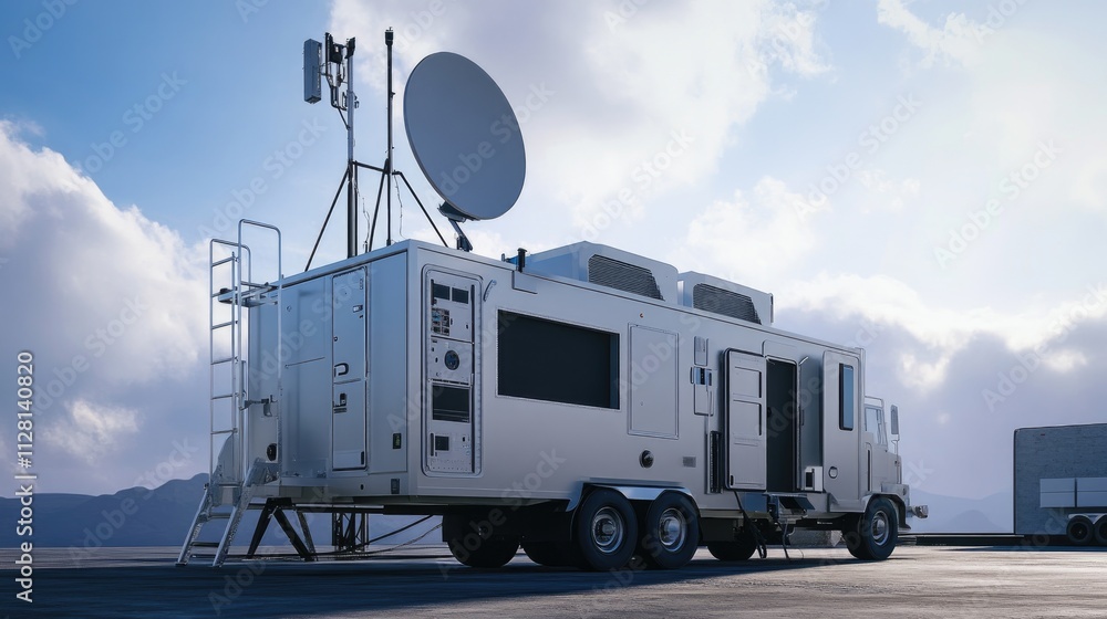 Poster A secure mobile command post with advanced communication antennas and equipment, used in field operations for high-stakes missions or emergency response