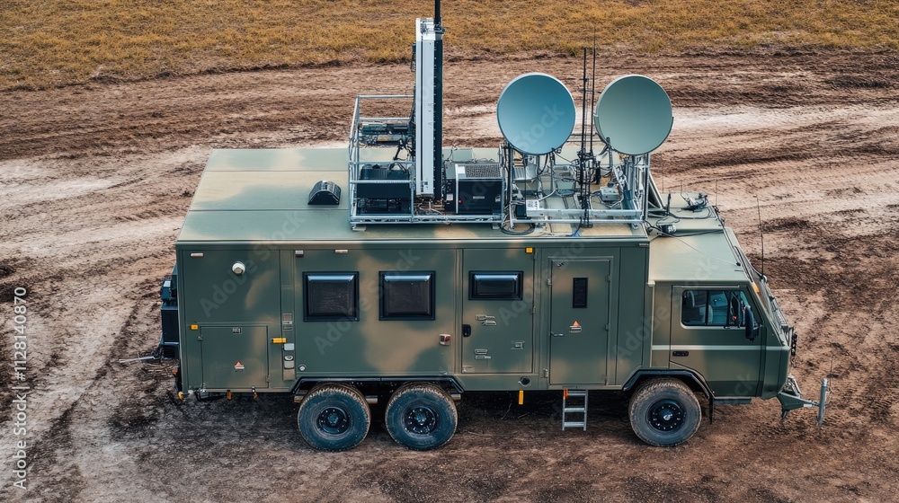 Poster A secure mobile command post with advanced communication antennas and equipment, used in field operations for high-stakes missions or emergency response