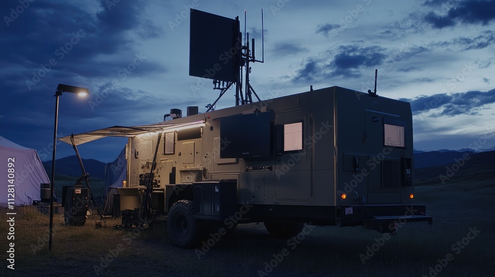 Poster a secure mobile command post with advanced communication antennas and equipment, used in field opera