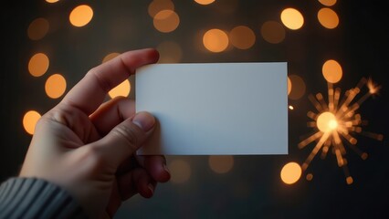 Hand holds blank of white business card on a dark with golden shiny lights background. New year or Christmas gift card certificate. Plain call-card mockup template. A paper namecard. Party invitation