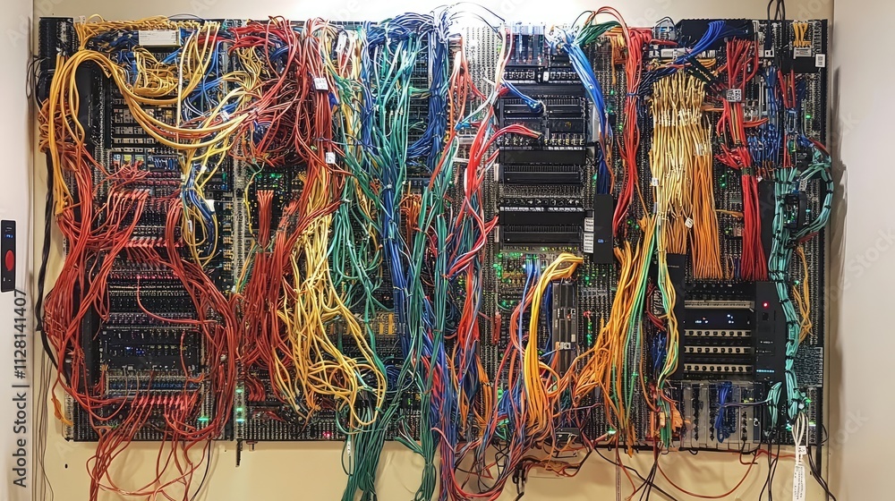 Aufkleber A server rack filled with organized network cables and switches, showing the intricate wiring of a high-tech IT network setup