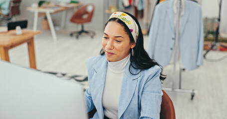 Fashion designer, small business or woman on computer for planning clothing style or startup product. Creative, female entrepreneur or research project for information for online ideas or blog trends