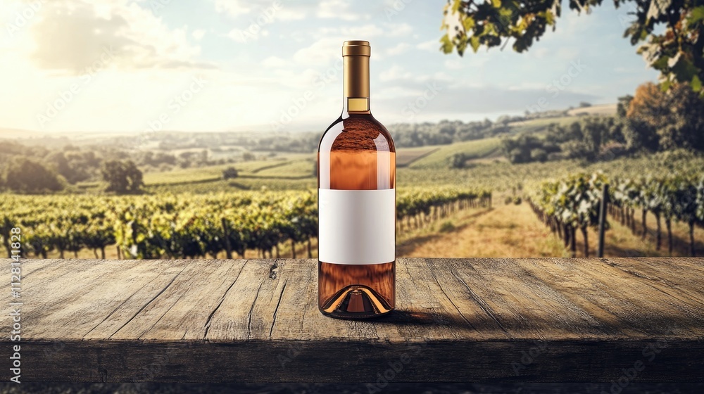 Poster a sophisticated wine bottle mockup on a rustic wooden table, with a clear view of the label, set aga