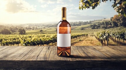 Fototapeta premium A sophisticated wine bottle mockup on a rustic wooden table, with a clear view of the label, set against a vineyard background for a classy touch