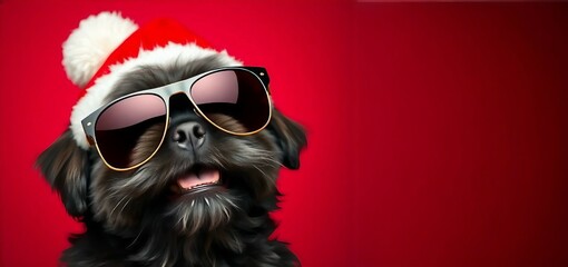 Cool Santa Claus Dog: Festive Holiday Vibes. Christmas Cheer with a Stylish Pet Twist. Santa dog on red background 