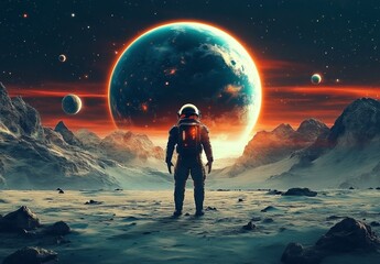 Fototapeta premium Astronaut standing surface planet large background is wearing An