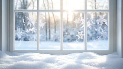 a snowy window scene with frost patterns